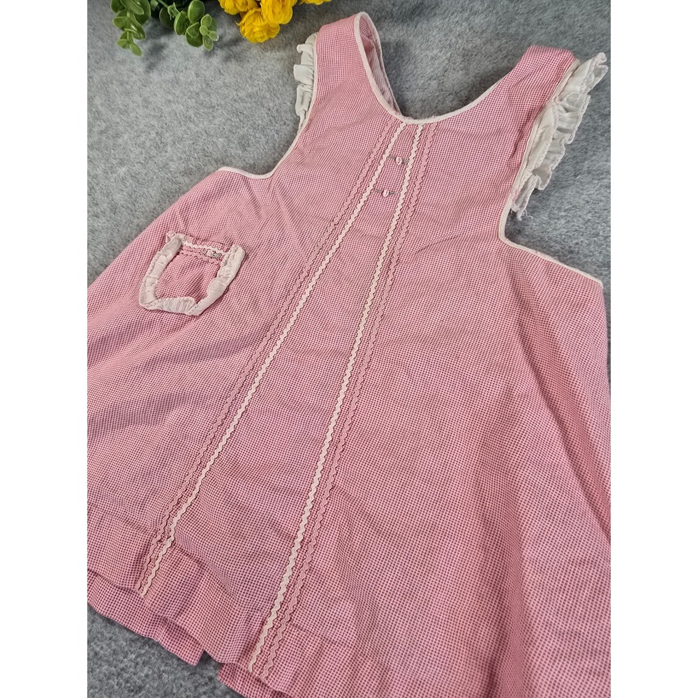 Vintage 60s Gingham Ruffle Pinafore Dress Baby Handmade Embroidered 0-6m - Picture 3 of 13
